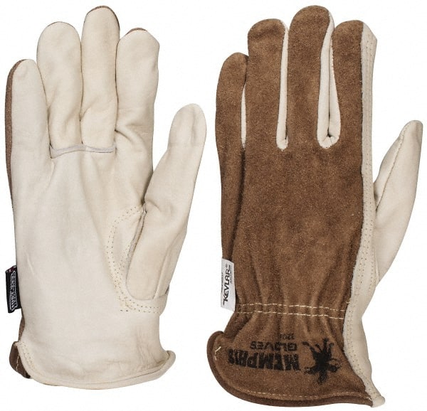 MCR Safety - Size L (9) Split Back/Grain Palm Cowhide General Protection Work Gloves - For Work & Driver, Uncoated, Full Fingered, Cream/Black/Brown, Paired - Exact Tooling