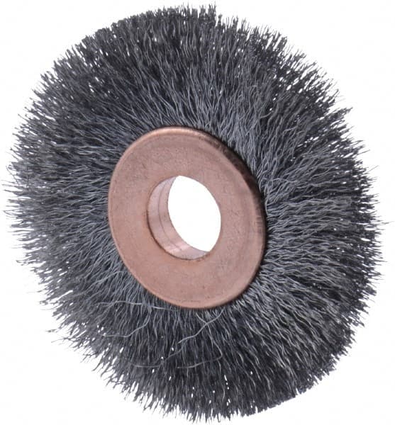 Osborn - 1-1/2" OD, 1/4" Arbor Hole, Crimped Steel Wheel Brush - 1/8" Face Width, 21/64" Trim Length, 0.003" Filament Diam, 20,000 RPM - Exact Tooling