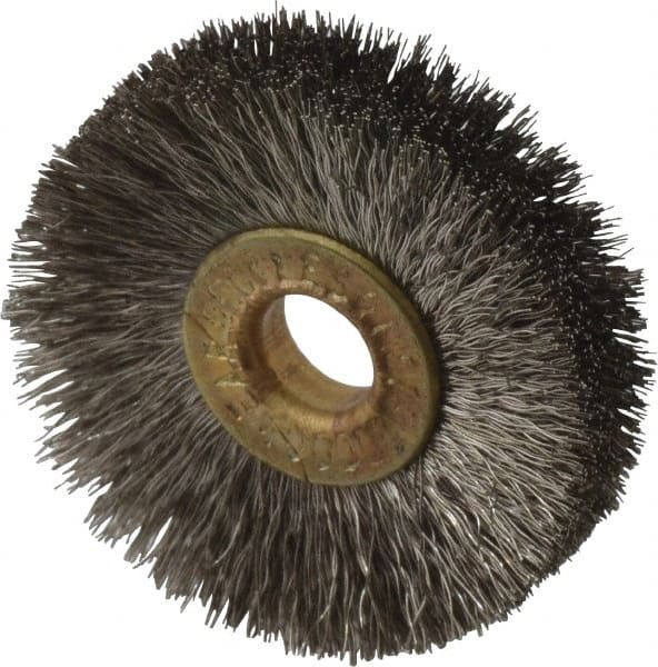 Osborn - 1-1/4" OD, 1/4" Arbor Hole, Crimped Stainless Steel Wheel Brush - 3/16" Face Width, 21/64" Trim Length, 0.005" Filament Diam, 20,000 RPM - Exact Tooling