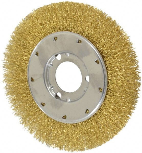 Osborn - 6" OD, 1-1/4" Arbor Hole, Crimped Brass Wheel Brush - 5/8" Face Width, 1-1/8" Trim Length, 0.014" Filament Diam, 6,000 RPM - Exact Tooling