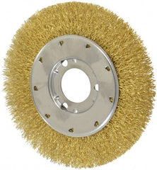 Osborn - 6" OD, 1-1/4" Arbor Hole, Crimped Brass Wheel Brush - 5/8" Face Width, 1-1/8" Trim Length, 0.014" Filament Diam, 6,000 RPM - Exact Tooling