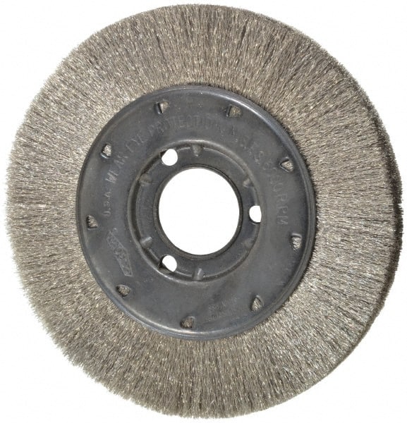Osborn - 6" OD, 1-1/4" Arbor Hole, Crimped Stainless Steel Wheel Brush - 5/8" Face Width, 1-1/8" Trim Length, 0.005" Filament Diam, 6,000 RPM - Exact Tooling