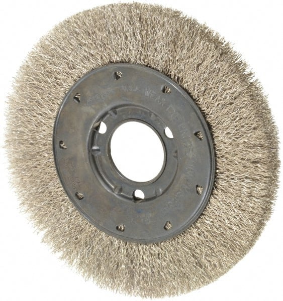 Osborn - 6" OD, 1-1/4" Arbor Hole, Crimped Stainless Steel Wheel Brush - 5/8" Face Width, 1-1/8" Trim Length, 0.0104" Filament Diam, 6,000 RPM - Exact Tooling