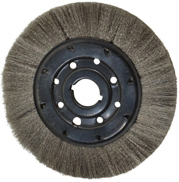Osborn - 8" OD, 1-1/4" Arbor Hole, Crimped Stainless Steel Wheel Brush - 3/4" Face Width, 1-1/2" Trim Length, 0.005" Filament Diam, 4,500 RPM - Exact Tooling