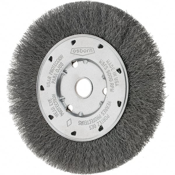 Osborn - 6" OD, 5/8" Arbor Hole, Crimped Steel Wheel Brush - 5/8" Face Width, 1-1/8" Trim Length, 0.008" Filament Diam, 6,000 RPM - Exact Tooling