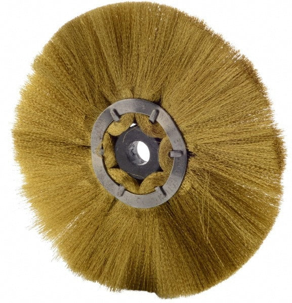 Osborn - 6" OD, 1/2" Arbor Hole, Crimped Brass Wheel Brush - 1/2" Face Width, 1-7/8" Trim Length, 0.005" Filament Diam, 4,000 RPM - Exact Tooling