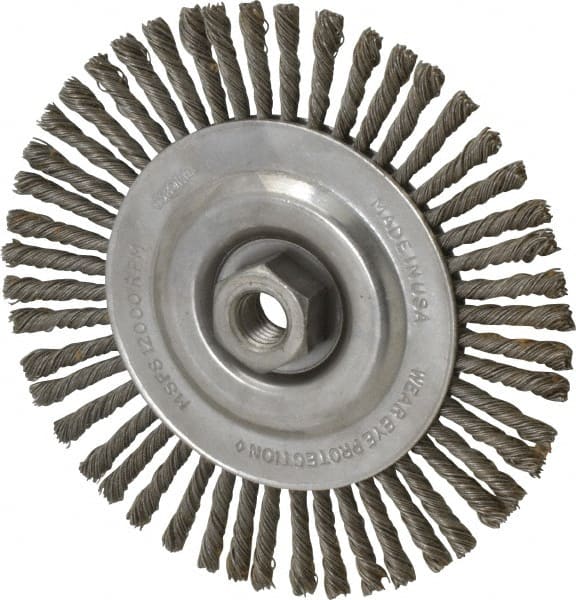 Osborn - 6-1/2" OD, 5/8-11 Arbor Hole, Knotted Steel Wheel Brush - 1/4" Face Width, 1-7/32" Trim Length, 0.02" Filament Diam, 12,000 RPM - Exact Tooling