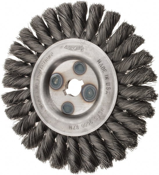 Osborn - 6" OD, 5/8" Arbor Hole, Knotted Steel Wheel Brush - 5/8" Face Width, 1-1/4" Trim Length, 0.0118" Filament Diam, 9,000 RPM - Exact Tooling