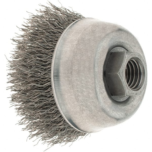 Osborn - 2-3/4" Diam, 5/8-11 Threaded Arbor, Steel Fill Cup Brush - 0.014 Wire Diam, 1" Trim Length, 14,000 Max RPM - Exact Tooling