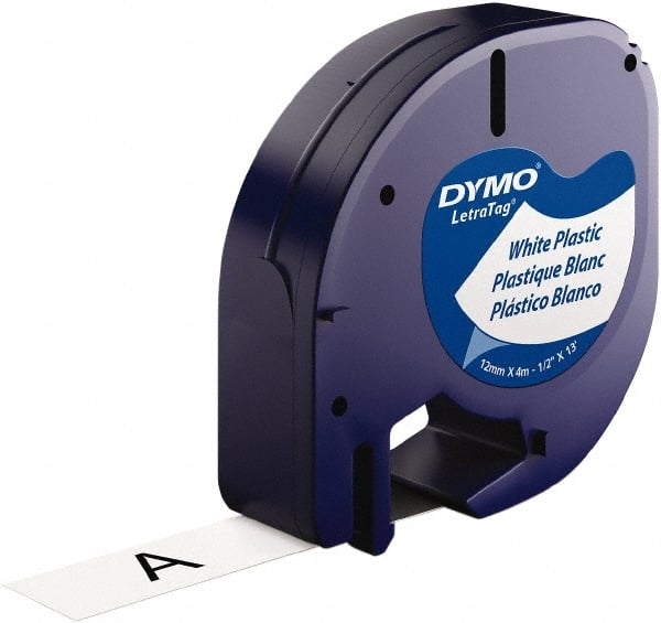 Dymo - 1/2" Wide x 156" Long, Black on White Plastic Label Printer Cartridge - For DYMO Letratag Printers - Exact Tooling