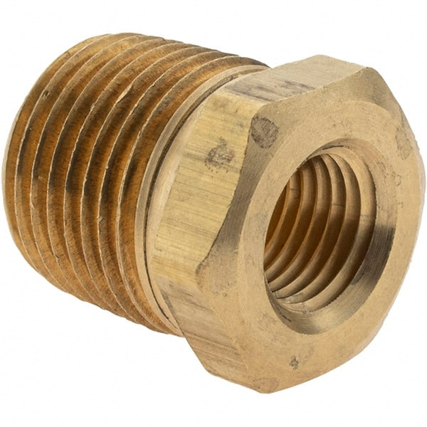 Parker - 1/2 Male Thread x 1/4 Female Thread, Brass Industrial Pipe Hex Bushing - MNPTF x FNPTF, 1,000 psi - Exact Tooling
