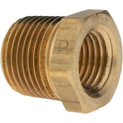 Parker - 3/8 Male Thread x 1/4 Female Thread, Brass Industrial Pipe Hex Bushing - MNPTF x FNPTF, 1,000 psi - Exact Tooling