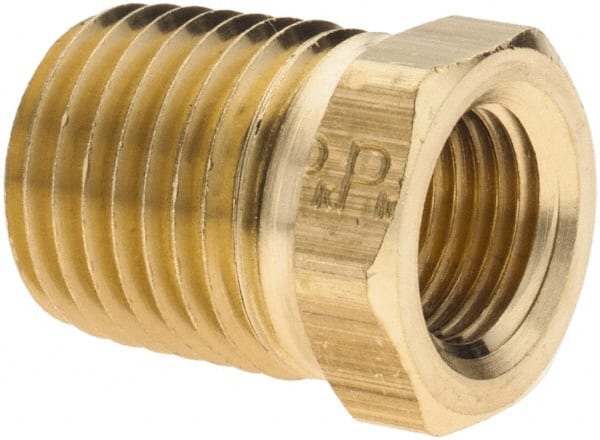 Parker - 1/4 Male Thread x 1/8 Female Thread, Brass Industrial Pipe Hex Bushing - MNPTF x FNPTF, 1,000 psi - Exact Tooling