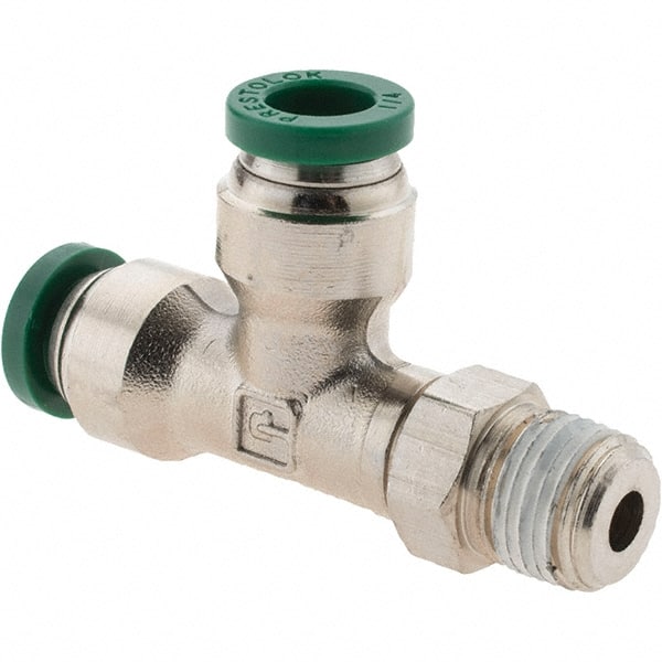 Parker - 1/4" Outside Diam, 1/8 NPTF, Nickel Plated Brass Push-to-Connect Tube Male Swivel Run Tee - 300 Max psi, Tube to Male NPT Connection, Nitrile O-Ring - Exact Tooling