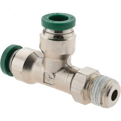Parker - 1/4" Outside Diam, 1/8 NPTF, Nickel Plated Brass Push-to-Connect Tube Male Swivel Run Tee - 300 Max psi, Tube to Male NPT Connection, Nitrile O-Ring - Exact Tooling