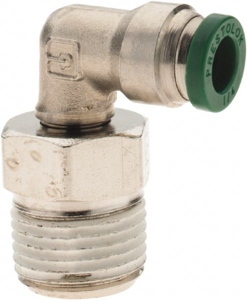Parker - 1/4" Outside Diam, 3/8 NPTF, Nickel Plated Brass Push-to-Connect Tube Male Swivel Elbow - 300 Max psi, Tube to Male NPT Connection, Nitrile O-Ring - Exact Tooling