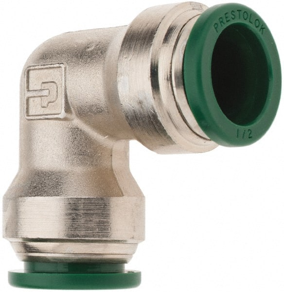 Parker - 1/2" Outside Diam, Nickel Plated Brass Push-to-Connect Tube Union Elbow - 300 Max psi, Tube to Tube Connection, Nitrile O-Ring - Exact Tooling
