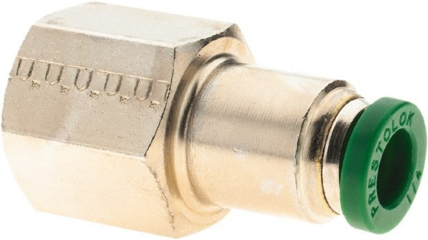 Parker - 1/4" Outside Diam, 1/4 NPTF, Nickel Plated Brass Push-to-Connect Tube Female Connector - 300 Max psi, Tube to Female NPT Connection, Nitrile O-Ring - Exact Tooling