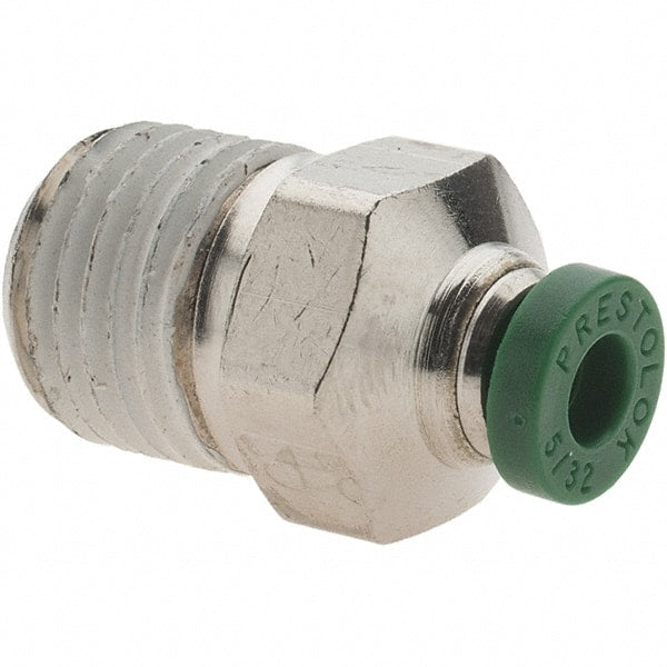 Parker - 5/32" Outside Diam, 1/4 NPTF, Nickel Plated Brass Push-to-Connect Tube Male Connector - 300 Max psi, Tube to Male NPT Connection, Nitrile O-Ring - Exact Tooling