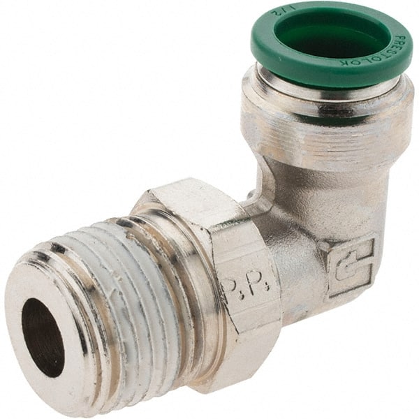 Parker - 1/2" Outside Diam, 1/2 NPTF, Nickel Plated Brass Push-to-Connect Tube Male Swivel Elbow - 300 Max psi, Tube to Male NPT Connection, Nitrile O-Ring - Exact Tooling
