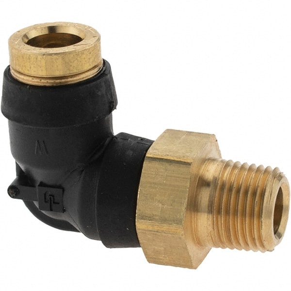 Parker - 1/4" Outside Diam, 1/8 Thread, Brass Push-to-Connect Tube Male Elbow - 250 Max psi, Tube to Male NPT Connection - Exact Tooling