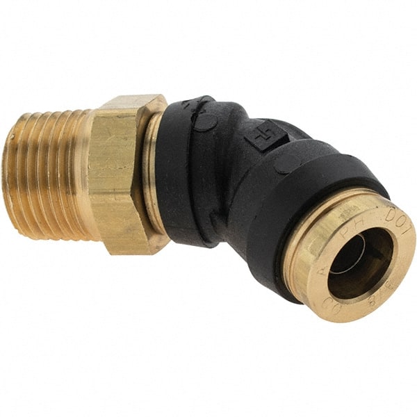 Parker - 3/8" Outside Diam, 3/8 Thread, Brass Push-to-Connect Tube Male 45° Elbow - 250 Max psi, Tube to Male NPT Connection - Exact Tooling