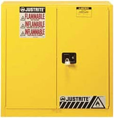 Justrite - 2 Door, 3 Shelf, Yellow Steel Standard Safety Cabinet for Flammable and Combustible Liquids - 44" High x 43" Wide x 18" Deep, Manual Closing Door, 3 Point Key Lock, 40 Gal Capacity - Exact Tooling