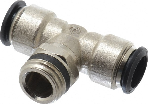 Alpha Technologies - 14mm Outside Diam, 1/2 Universal, Nickel Plated Brass Push-to-Connect Tube Male Swivel Branch Tee - 250 Max psi, Tube to Universal Thread Connection, Buna O-Ring - Exact Tooling