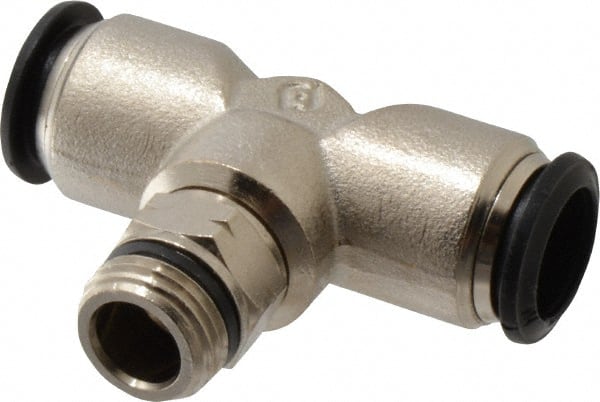 Alpha Technologies - 14mm Outside Diam, 3/8 Universal, Nickel Plated Brass Push-to-Connect Tube Male Swivel Branch Tee - 250 Max psi, Tube to Universal Thread Connection, Buna O-Ring - Exact Tooling