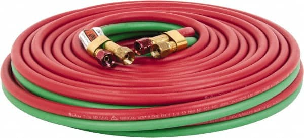 Parker - 1/4" Inside x 17/32" Outside Diam, Grade R Welding Hose - Green & Red, 50' Long, Twin Style, 200 psi Working Pressure - Exact Tooling