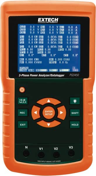 Extech - 3 Phase, 600 VAC, 200 to 3,000 Amp Capability, 45 to 65 Hz Calibration, LCD Display Power Meter - 0.5% Current Accuracy, 0.5% Voltage Accuracy - Exact Tooling