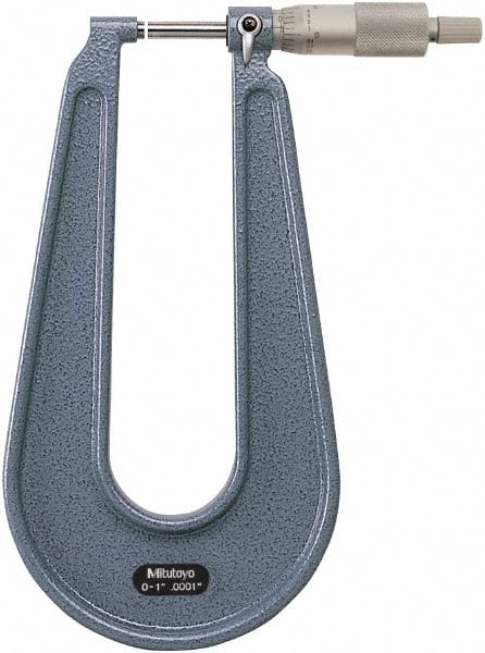 Mitutoyo - 0 to 1" Range, 0.0001" Graduation, Mechanical Outside Micrometer - Ratchet Stop Thimble, 6.3" Throat Depth, Accurate to 0.0002" - Exact Tooling