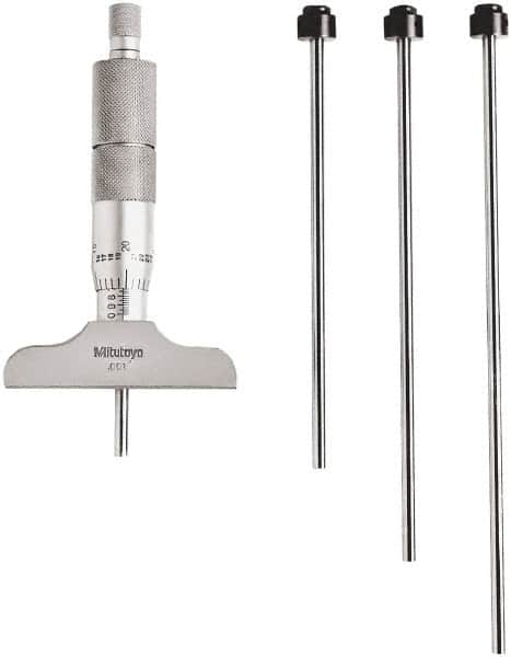 Mitutoyo - 0 to 4" Range, 4 Rod, Mechanical Depth Micrometer - Ratchet Stop Thimble, 2-1/2" Base Length, 0.01mm Graduation, 4.5mm Rod Diam - Exact Tooling