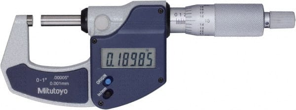 Mitutoyo - 0 to 1" Range, 0" Resolution, Standard Throat, Electronic Outside Micrometer - 0.0001" Accuracy, Ratchet Stop Thimble, Rotating Spindle, SR44 Battery, Includes NIST Traceability Certification - Exact Tooling