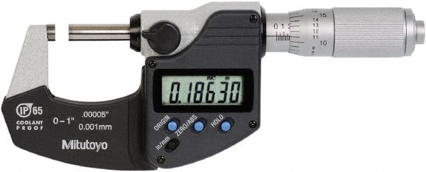 Mitutoyo - 0 to 1 Inch Range, 0 Inch Resolution, Standard Throat, IP65 Electronic Outside Micrometer - 0.0001 Inch Accuracy, Friction Thimble, Rotating Spindle, SR44 Battery, Includes NIST Traceability Certification - Exact Tooling