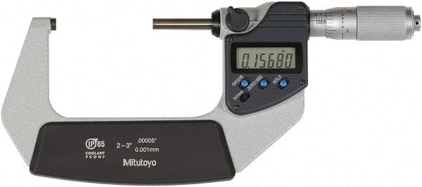 Mitutoyo - 2 to 3 Inch Range, 0 Inch Resolution, Standard Throat, IP65 Electronic Outside Micrometer - 0.0001 Inch Accuracy, Ratchet Friction Thimble, Rotating Spindle, SR44 Battery, Includes NIST Traceability Certification - Exact Tooling