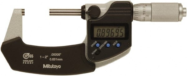 Mitutoyo - 1 to 2 Inch Range, 0 Inch Resolution, Standard Throat, IP65 Electronic Outside Micrometer - 0.0001 Inch Accuracy, Ratchet Friction Thimble, Rotating Spindle, SR44 Battery, Includes NIST Traceability Certification - Exact Tooling