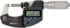 Mitutoyo - 0 to 1 Inch Range, 0 Inch Resolution, Standard Throat, IP65 Electronic Outside Micrometer - 0.0001 Inch Accuracy, Ratchet Friction Thimble, Rotating Spindle, SR44 Battery, Includes NIST Traceability Certification - Exact Tooling