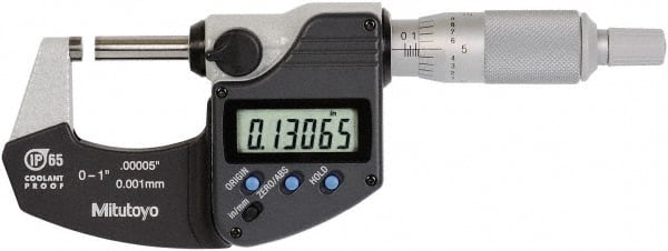 Mitutoyo - 0 to 1 Inch Range, 0 Inch Resolution, Standard Throat, IP65 Electronic Outside Micrometer - 0.0001 Inch Accuracy, Ratchet Stop Thimble, Rotating Spindle, SR44 Battery, Data Output, Includes NIST Traceability Certification - Exact Tooling