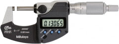 Mitutoyo - 0 to 1 Inch Range, 0 Inch Resolution, Standard Throat, IP65 Electronic Outside Micrometer - 0.0001 Inch Accuracy, Ratchet Stop Thimble, Rotating Spindle, SR44 Battery, Data Output, Includes NIST Traceability Certification - Exact Tooling