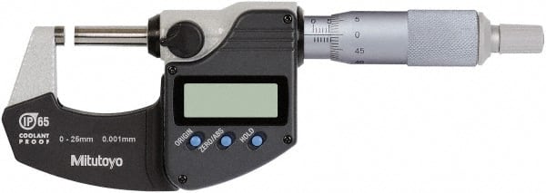 Mitutoyo - 0 to 25 mm Range, 0.0010 mm Resolution, Standard Throat, IP65 Electronic Outside Micrometer - Ratchet Stop Thimble, Rotating Spindle, SR44 Battery, Includes NIST Traceability Certification - Exact Tooling