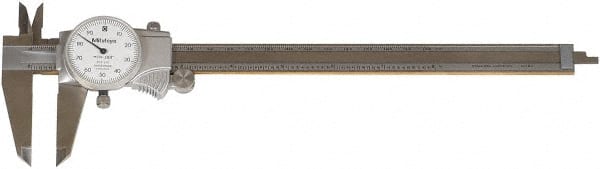 Mitutoyo - 0" to 8" Range, 0.001" Graduation, 1" per Revolution, Dial Caliper - White Face, Accurate to 0.1000", 50mm Jaw Length - Exact Tooling
