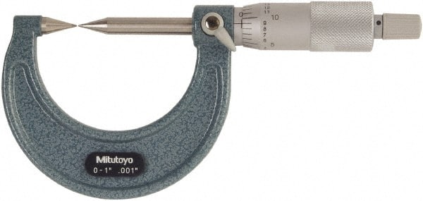 Mitutoyo - 1 Inch, 38mm Throat Depth, Ratchet Stop, Mechanical Point Micrometer - Accurate Up to 0.00015 Inch, 0.001 Inch Graduation, 30° Point Angle, 6.35mm Spindle Diameter - Exact Tooling