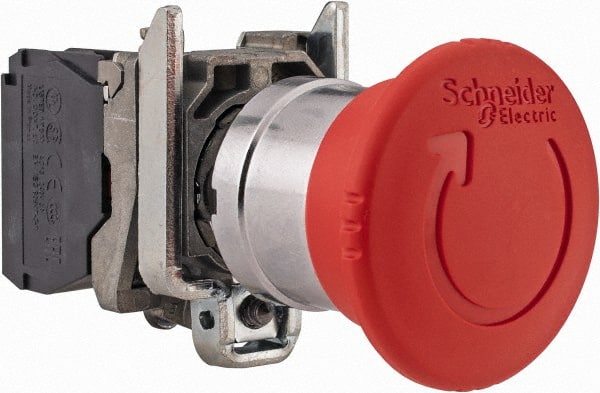 Schneider Electric - 22mm Mount Hole, Extended Mushroom Head, Pushbutton Switch Only - Round, Red Pushbutton, Nonilluminated, Trigger Action, Off, Shock and Vibration Resistant - Exact Tooling