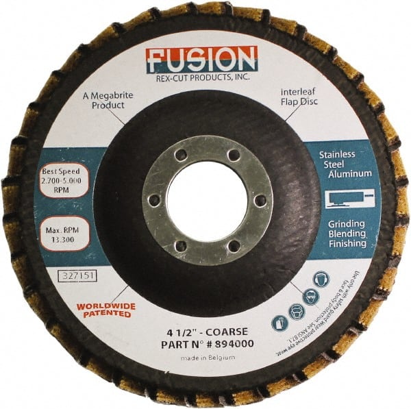 Rex Cut Product - 60 Grit, 4-1/2" Disc Diam, 7/8" Center Hole, Type 29 Aluminum Oxide Flap Disc - 13,300 Max RPM, Fiberglass Backing, Arbor Attaching System, Coated & Non-Woven Combo - Exact Tooling