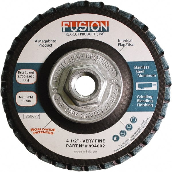 Rex Cut Product - 120 Grit, 4-1/2" Disc Diam, 5/8-11 Center Hole, Type 29 Aluminum Oxide Flap Disc - 13,300 Max RPM, Fiberglass Backing, Arbor Attaching System, Coated & Non-Woven Combo - Exact Tooling
