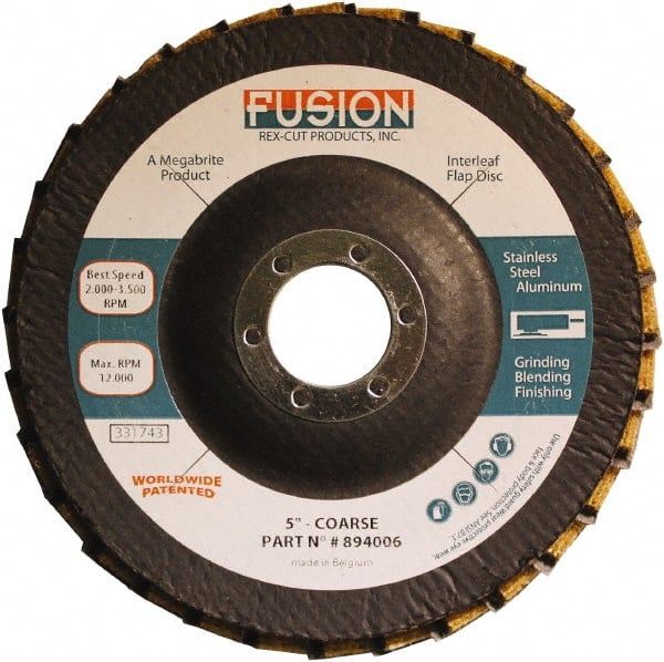 Rex Cut Product - 60 Grit, 5" Disc Diam, 7/8" Center Hole, Type 29 Aluminum Oxide Flap Disc - 12,200 Max RPM, Fiberglass Backing, Arbor Attaching System, Coated & Non-Woven Combo - Exact Tooling