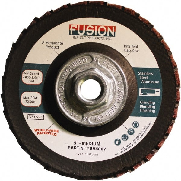 Rex Cut Product - 80 Grit, 5" Disc Diam, 5/8-11 Center Hole, Type 29 Aluminum Oxide Flap Disc - 12,200 Max RPM, Fiberglass Backing, Arbor Attaching System, Coated & Non-Woven Combo - Exact Tooling