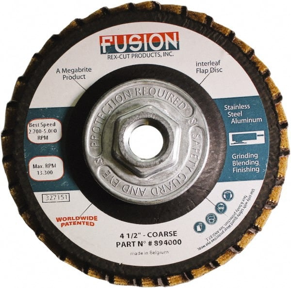 Rex Cut Product - 60 Grit, 4-1/2" Disc Diam, 5/8-11 Center Hole, Type 29 Aluminum Oxide Flap Disc - 13,300 Max RPM, Fiberglass Backing, Arbor Attaching System, Coated & Non-Woven Combo - Exact Tooling