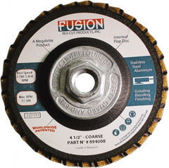 Rex Cut Product - 60 Grit, 4-1/2" Disc Diam, 5/8-11 Center Hole, Type 29 Aluminum Oxide Flap Disc - 13,300 Max RPM, Fiberglass Backing, Arbor Attaching System, Coated & Non-Woven Combo - Exact Tooling